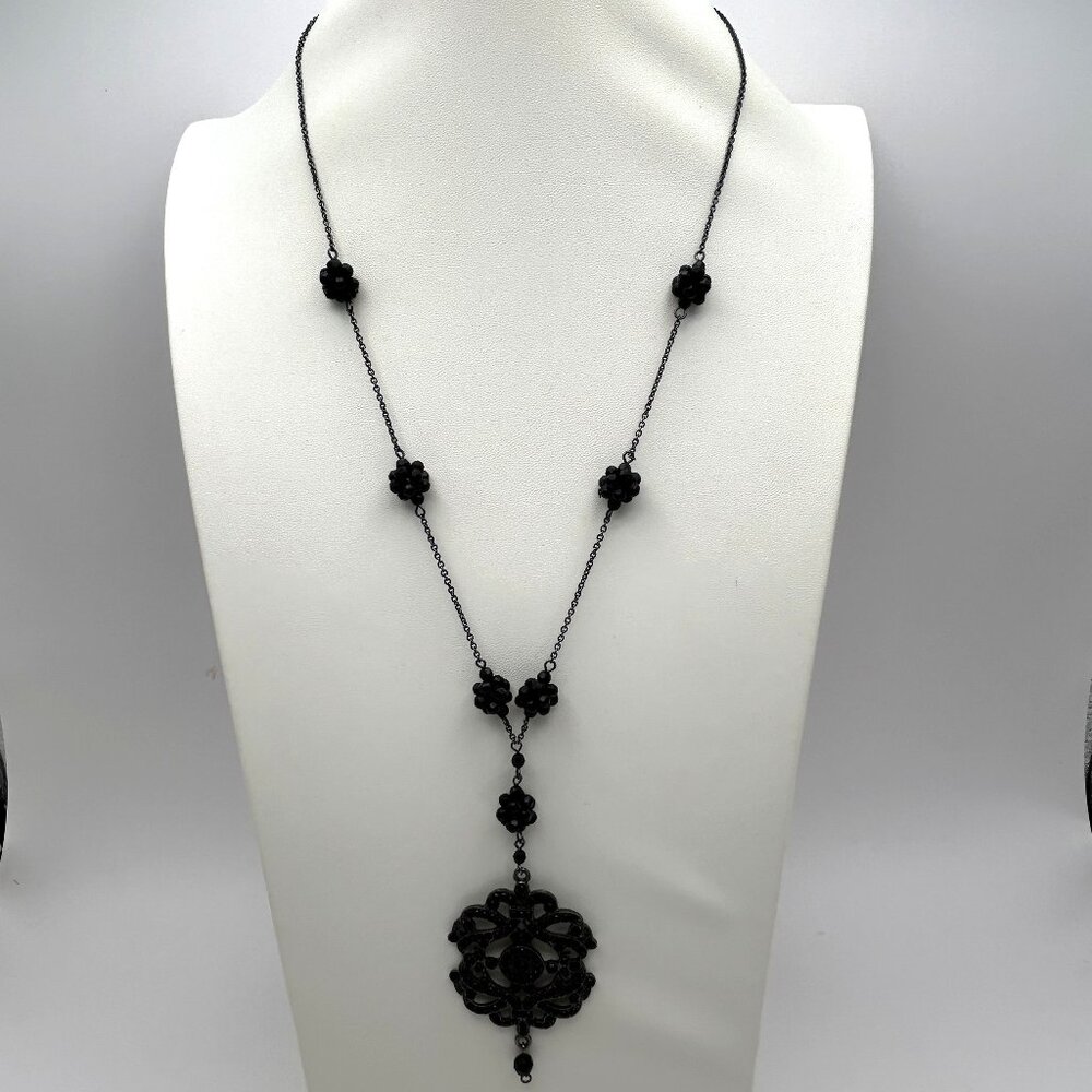 White House Black Market Y Drop Black Rhinestone Pendant Gothic Filigree Necklac